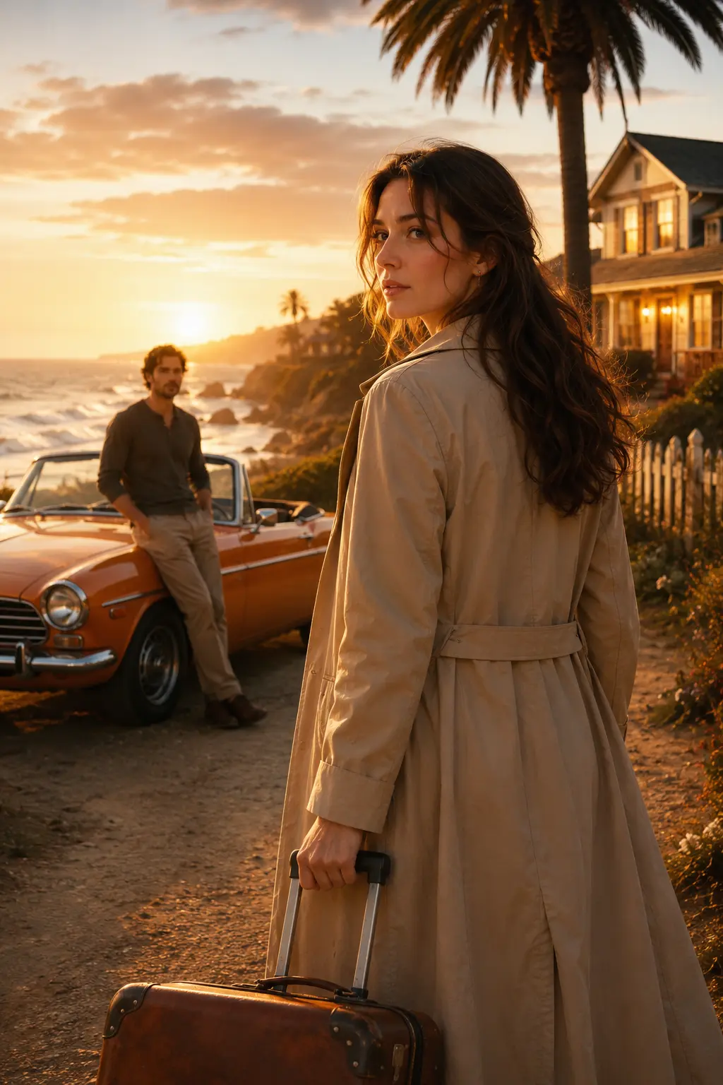 A woman returning to a coastal hometown while a man waits beside an orange convertible