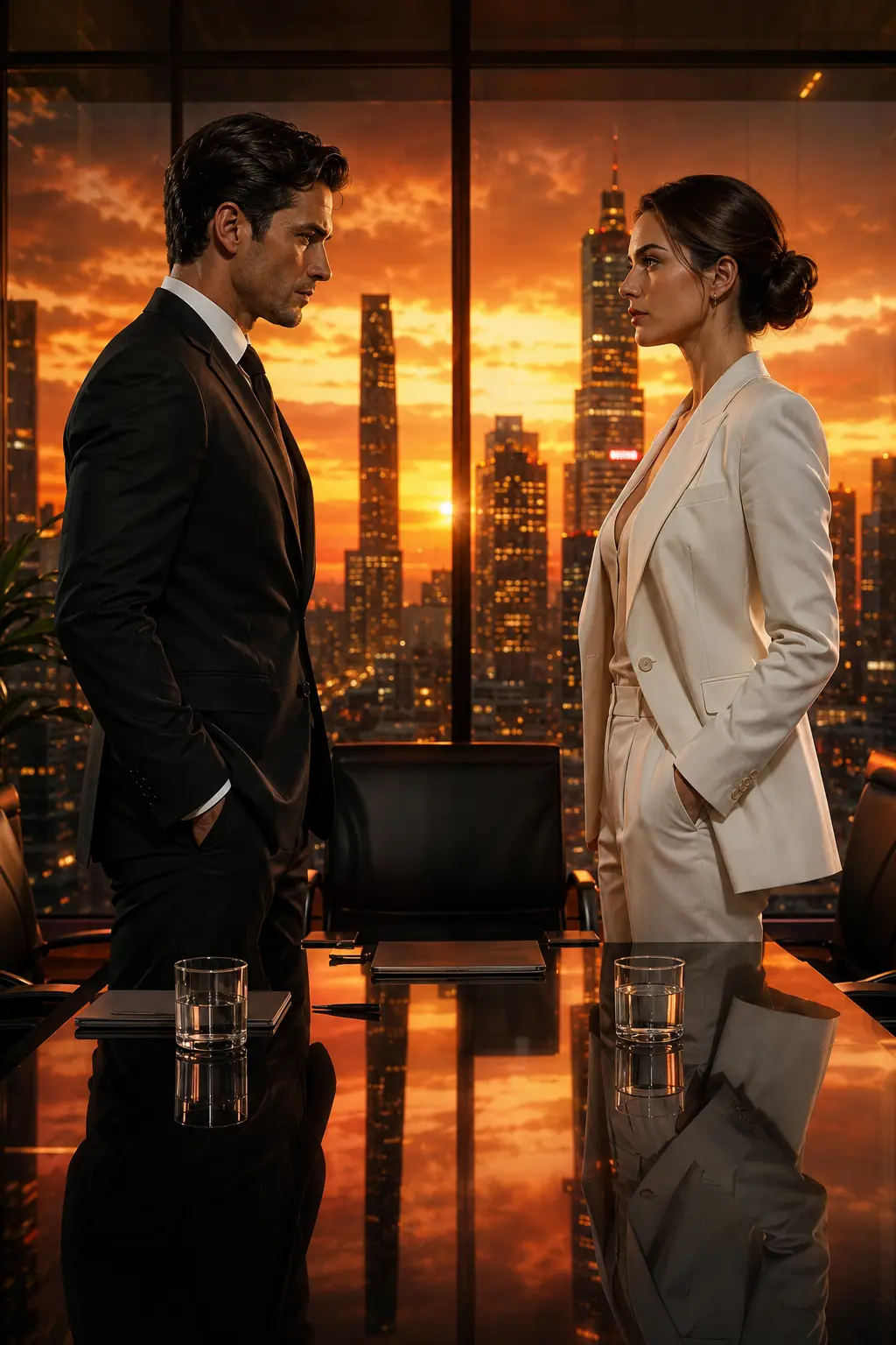 Two business rivals facing each other in a glass boardroom at sunset