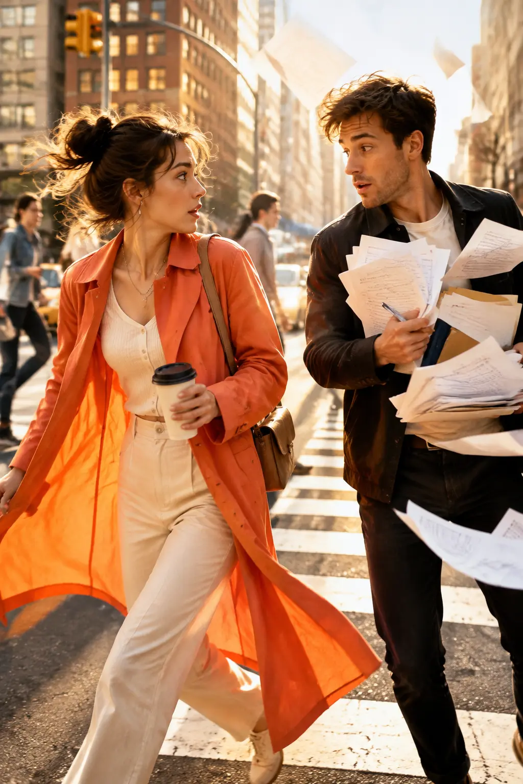 Two people meeting unexpectedly at a sunny city crosswalk as scripts scatter around them